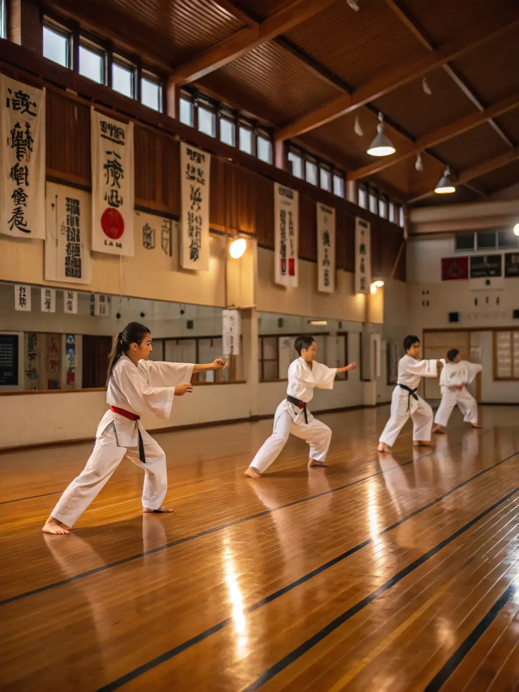 Advanced karate students sparring under the guidance of their sensei, showcasing speed and precision.