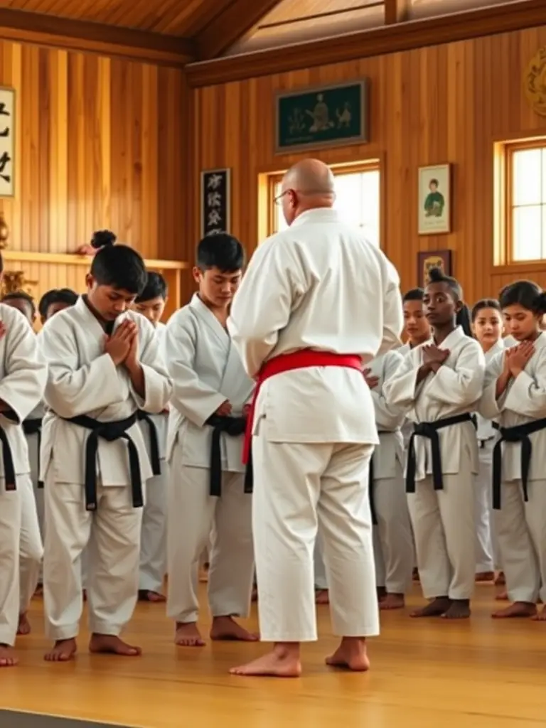 A karate instructor demonstrating a kata to a class of intermediate students in a well-lit dojo.
