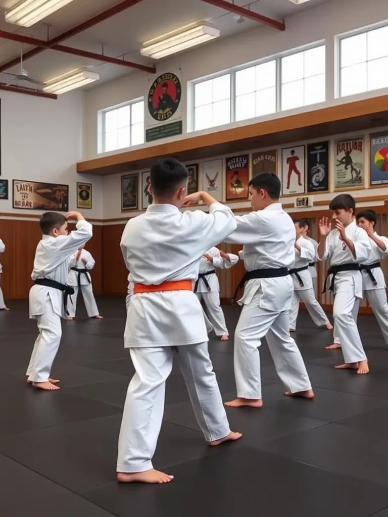 A group of karate students in white uniforms practicing stances in a dojo, focused on basic technique.